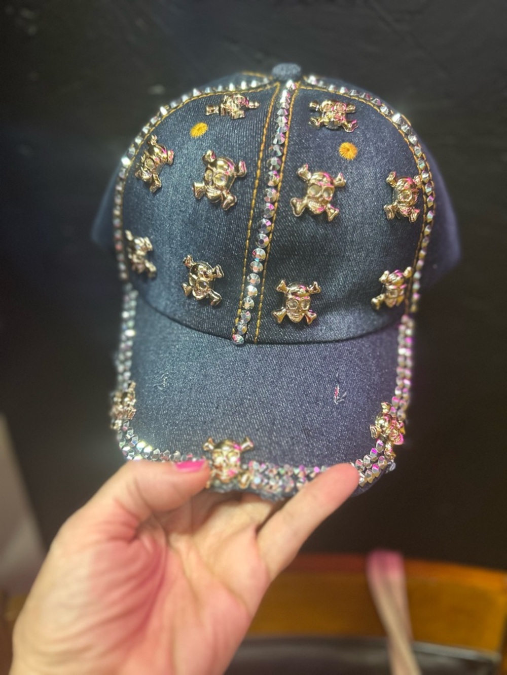 Embellished Dark Blue Rhinestone Skull CapWonen’s